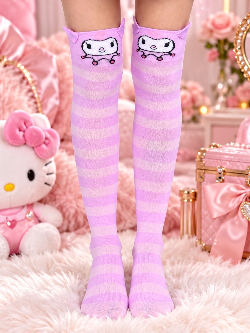 Kuromi Pink Purple Striped Cat Thigh High Socks Over the Knee Cute NWT